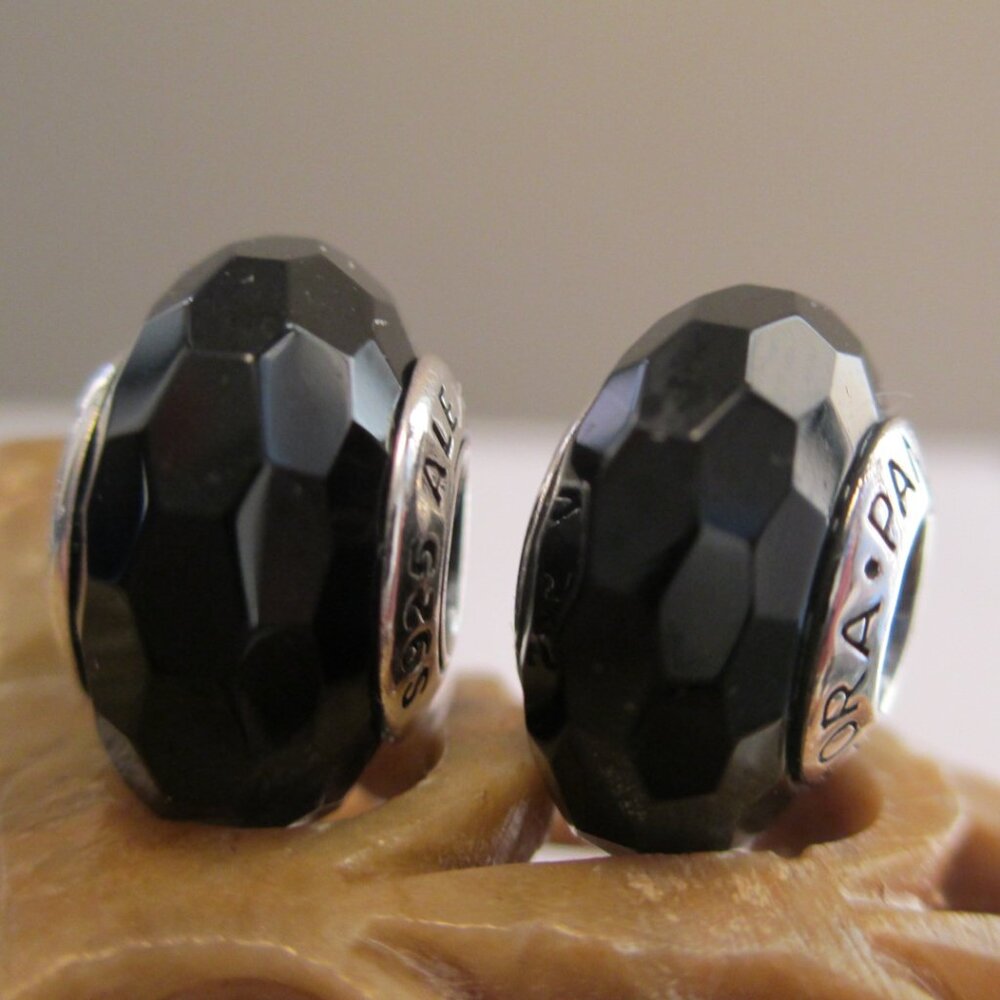 Set of 2 Fascinating Black Pandora Murano Glass Charms Faceted Beads World Cup